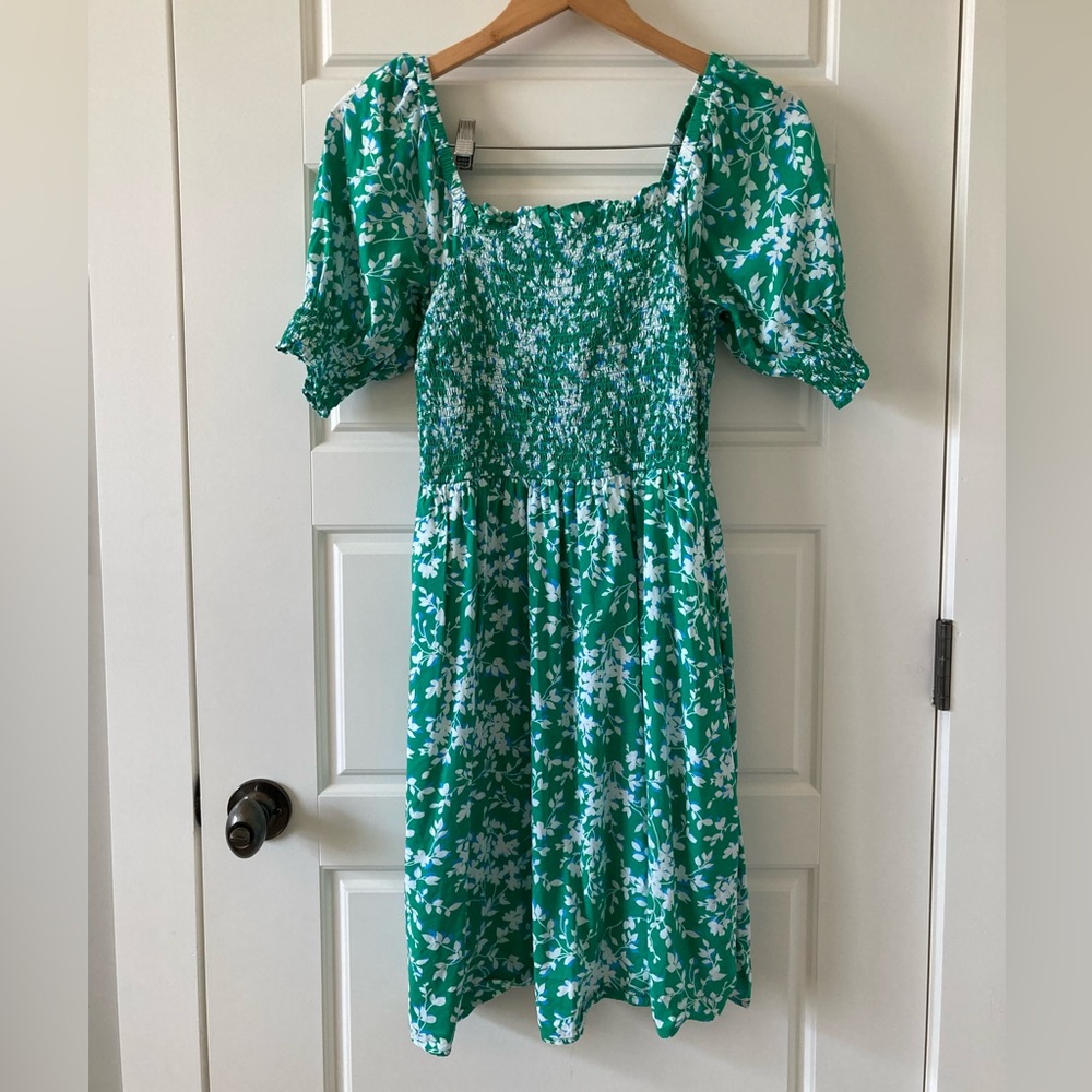 Draper James Green Floral Smocked Cotton Dress